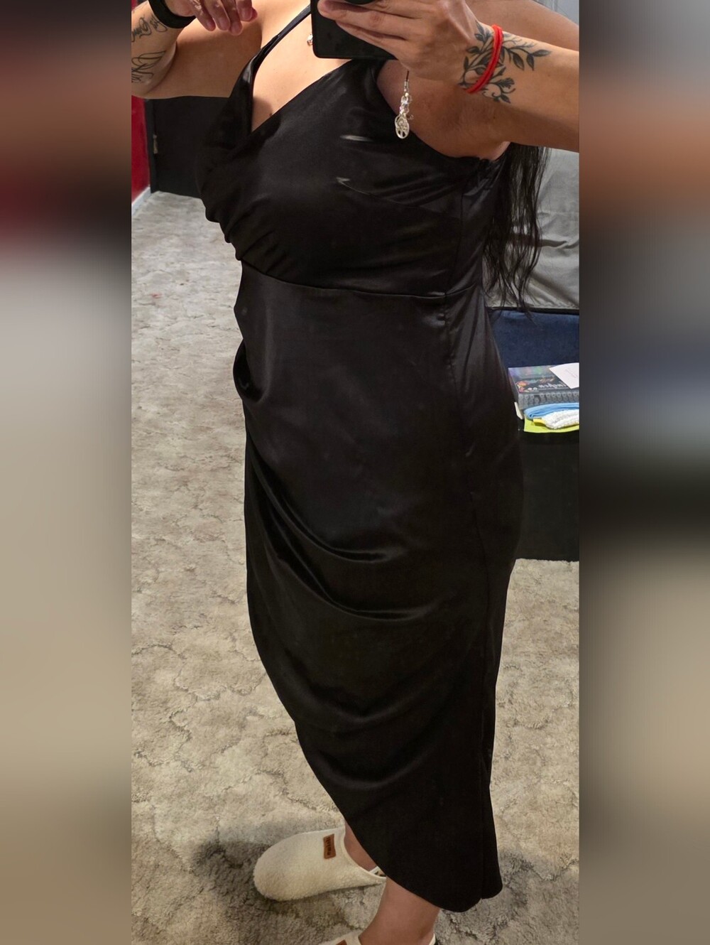 Black Satin Draped Midi Slip Dress with Side Rosette - Picture 5 of 6